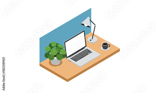 Modern isometric workspace with laptop, plant, lamp, and coffee cup, perfect for remote work, home office, or creative designs, originally a vector graphic
