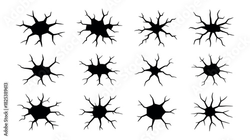 Twelve Black Starburst Crack Patterns on White Background