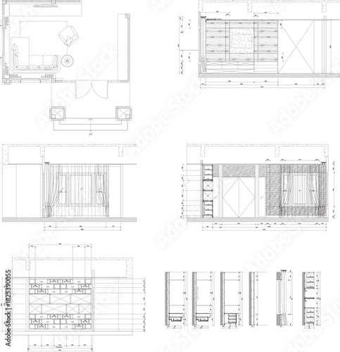 2D Drawing Construction Set for Living Room and Lounge Area with Plan, Elevation, and Section