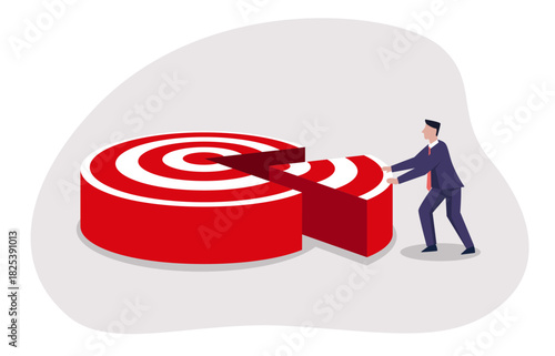 A businessman rearranging segments of a target, suggesting a concept of restructuring, reorganization, or recalibrating goals.
