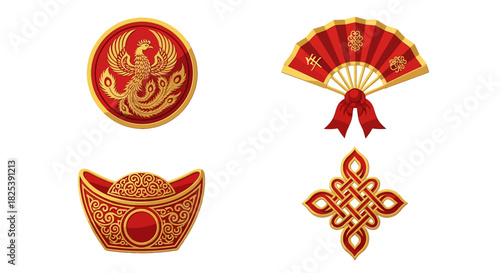 Ornate Red and Gold Chinese Cultural Icons: Phoenix Fan Ingot and Mystic Knot.