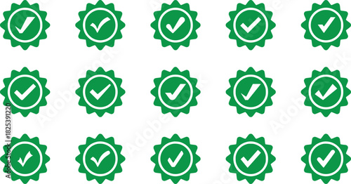  A grid of glowing green checkmark badges with a gear-like border on a dark background, suggesting approval or verification.