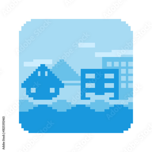 Heavy Floods at the city, Blue Flat Pixel Art Icon, Isolated