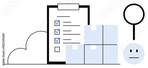 Checklist with marked tasks, stacked boxes, magnifier, neutral face, and cloud. Ideal for logistics, quality control, organization supply chain productivity task management and planning. Simple
