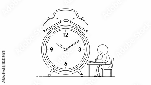 Doodle Man Studying At Desk With Oversized Alarm Clock