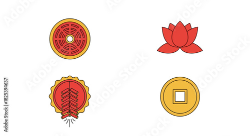 Flat design icon set of Chinese symbols: red lotus gold coin firecrackers and a patterned mooncake.