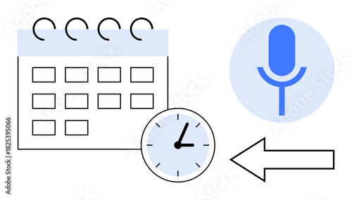 Calendar grid, clock, arrow indicating voice input for scheduling tasks. Ideal for time management, productivity, AI, planning, automation reminders workflow. Simple flat metaphor