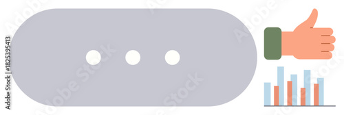 Grey chat bubble with three dots indicating typing, thumbs-up icon representing approval, and colorful bar graph showcasing growth or performance. Ideal for communication, feedback, teamwork