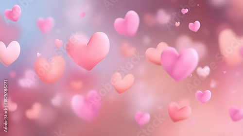 Romantic Pink Hearts Floating Against a Blurry Red Pink Gradient Background for Valentines Day Card Background