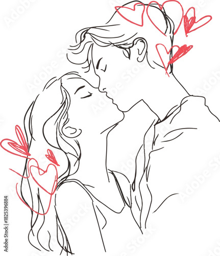 Kiss of Devotion: Two souls are locked in a passionate embrace, their lips meeting in a tender kiss as they are immersed in a world of love and romance, depicted in a stunning artistic line art.