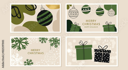 Abstract christmas card collection with handdrawn festive elements, including ornaments, snowflakes, and gift boxes in a modern green, gold, and beige palette