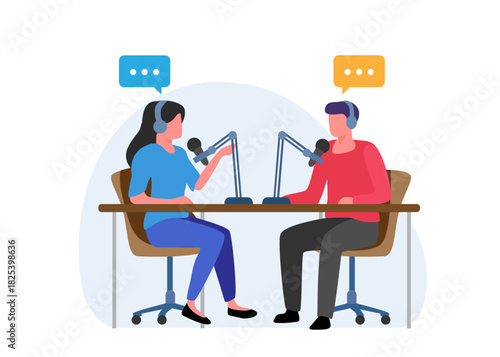 Man and woman record a podcast in the studio stock illustration.
