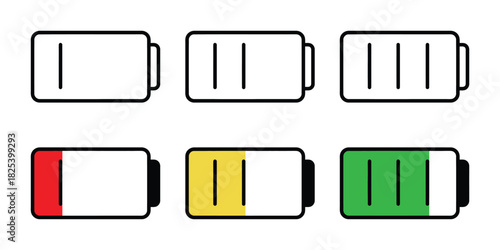 Battery Level Icons Set. Low, Medium, Full Charge Indicators in Vector Style