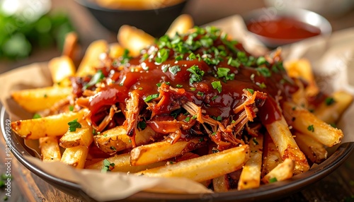 Close-up of loaded fries with pulled meat, sauce, and parsley garnish