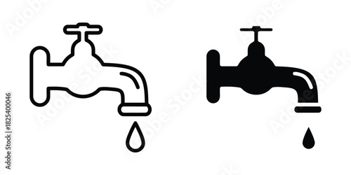 Water Faucet Icon Set. Dripping Tap Outline Solid Vector. Leaking Tap Vector Icons