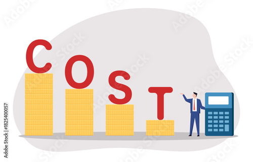 A decreasing stack of coins representing costs, with a businessman and calculator nearby, suggesting active management and control of expenses.