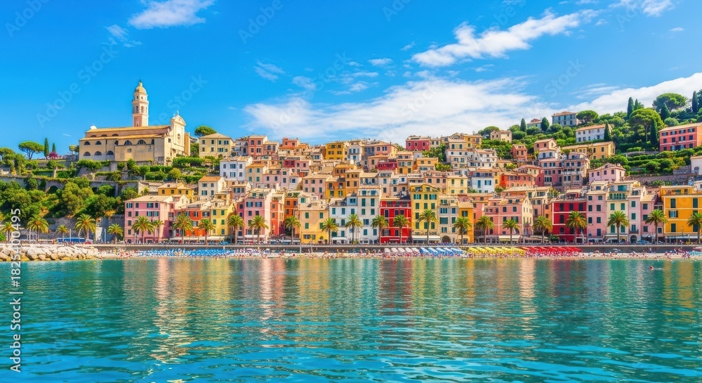 Obraz premium Colorful historic townscape of menton, france, situated on the mediterranean coast with vibrant buildings reflecting in the clear turquoise water under a bright blue sky