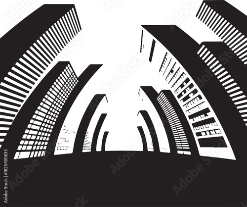 Abstract architectural structures in black and white perspective view illustration