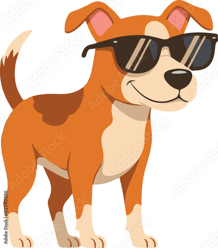 A cool flat vector illustration of a happy brown and white dog wearing black sunglasses, standing with a confident smile 