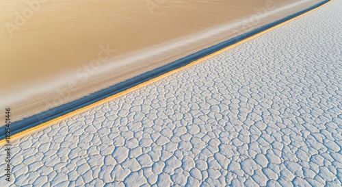 Aerial Abstract of Polygonal Salt Flat Patterns Meeting Tan Desert Playa Surface