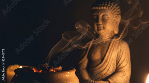Buddha statue meditating peacefully with incense smoke rising in a dimly lit, spiritual setting