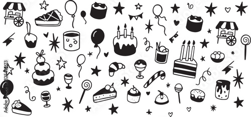 Cute line hand drawn birthday cake line icon and other treats set. Outline elements for kid, child, primary school, kindergarten celebration party design black and white vector art