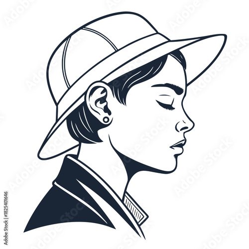 Illustration of a woman with hat in black and white outline