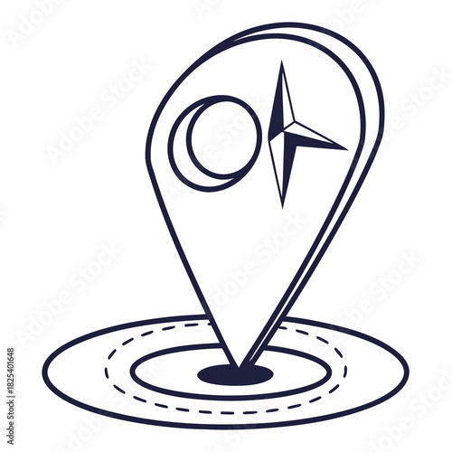 Location pin icon with compass and circle on dotted road line