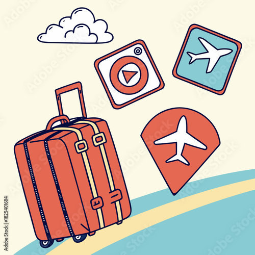 Illustration of suitcase with travel icons and cloud above