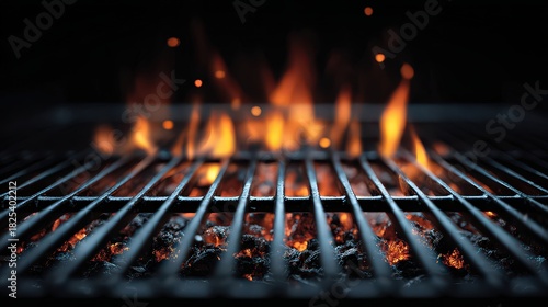 Fototapeta Naklejka Na Ścianę i Meble -  Grill Flames Roaring Under Metal Grate Emitting Heat and Smoke for Outdoor Cooking at Barbecue Dark Background