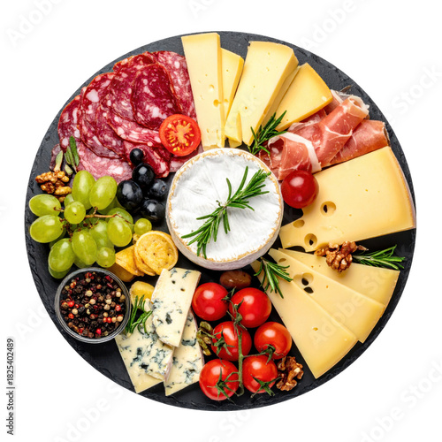 An abundant cheese and charcuterie board with assorted meats, cheeses, and garnishes on a dark slate