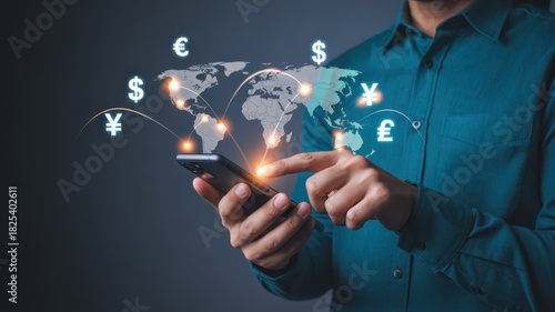 Individual interacts with a digital projection of global currency exchange symbols overlaid on a world map via a mobile device