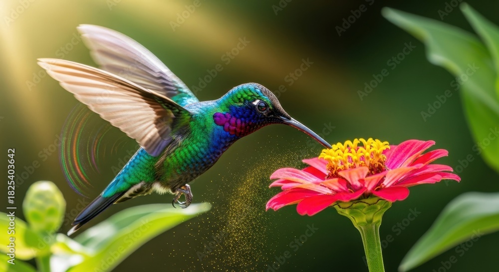 Fototapeta premium Hummingbird feeding on a vibrant pink zinnia flower in sunlight.