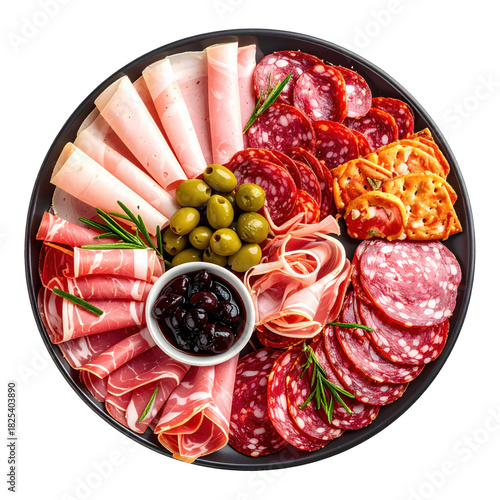 A variety of cured meats and cold cuts arranged on a dark plate for an elegant antipasto or starter