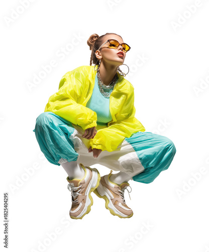 Stylish young woman squatting in bold neon street fashion isolated on transparent background, png