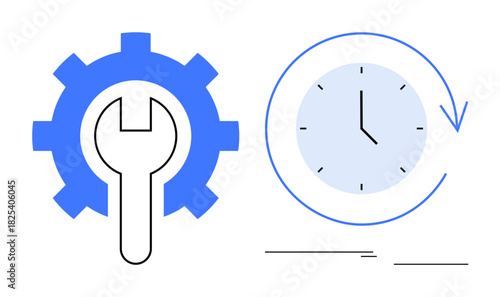 Blue gear with wrench paired with a clock encircled by an arrow, conceptually highlighting repair, maintenance, efficiency, and time optimization. Ideal for mechanics, workflows, planning