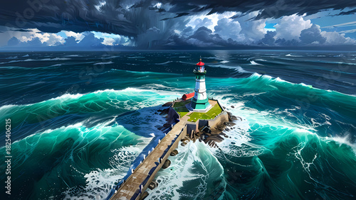 Fototapeta Naklejka Na Ścianę i Meble -  A steadfast guardian rises from the fury, casting light where chaos meets the sea’s roar