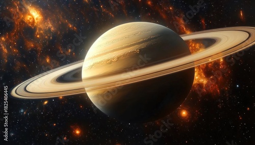 Majestic ringed gas giant with golden cloud bands, broad luminous rings and glowing orange nebulae in a star-filled deep space scene conveying awe