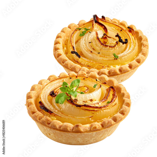Individual french onion tartlets with a cheesy topping, professionally isolated on a stark white background
