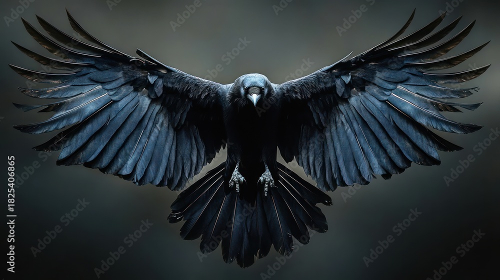 Naklejka premium black crow in mid-flight with wings fully spread, talons extended and intense gaze against a dark moody background, dramatic and majestic