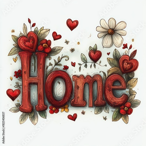 Hand-drawn wooden lettering home surrounded by red hearts, flowers, leaves and a daisy, a whimsical cozy warm design conveying love, welcome and comfort