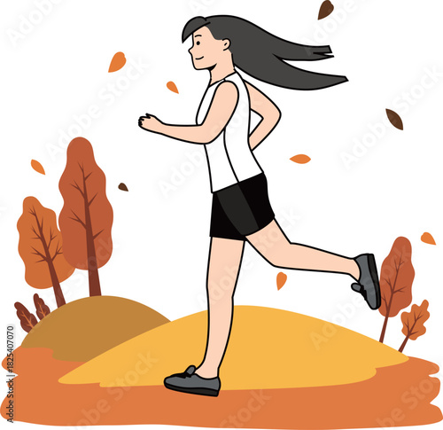 紅葉の中をランニングする女性の爽やかシーン