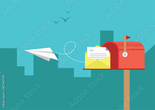 Newly received mailbox illustrated flying in a paper airplane. Stock Illustration