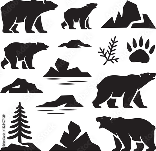 Black and white vector illustration of polar bears and arctic landscape