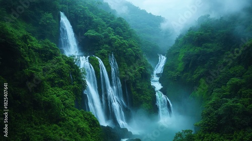 Lush rainforest waterfalls cascading down misty mountain