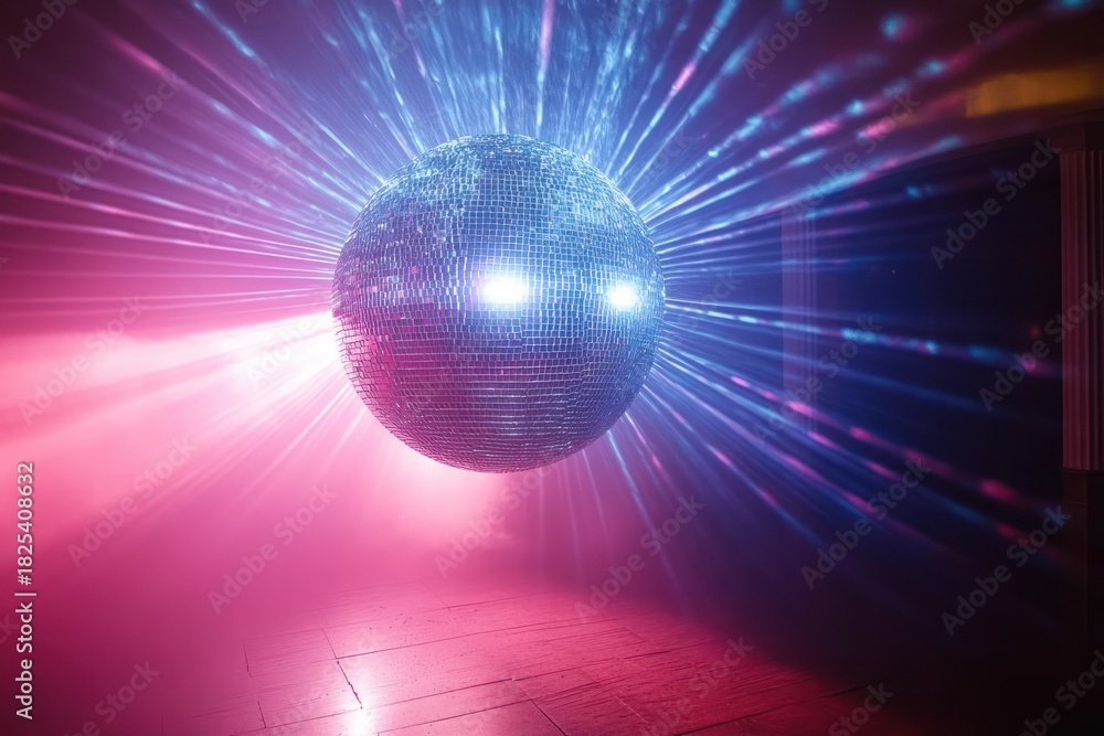 Fototapeta premium Mirrored disco ball glowing and casting blue and pink light beams across a foggy dark room with reflective wooden floor, evoking a vibrant nostalgic party mood