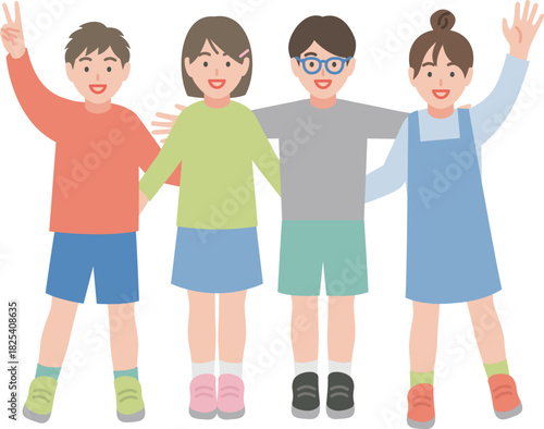 仲良く肩を組む子供たち