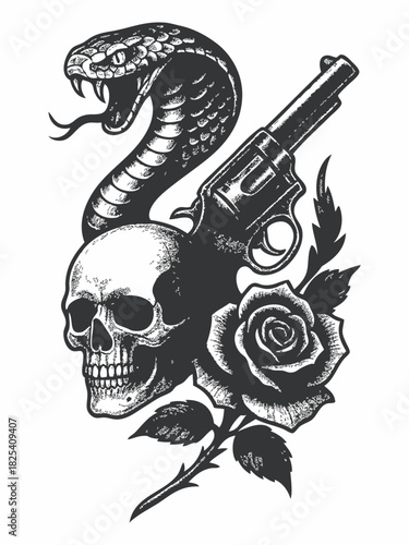 Vintage tattoo illustration of skull, cobra and guns