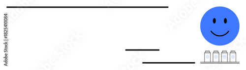 Minimalist art concept. A blue happy face paired with milk cartons in a simple layout. Minimalist elements in artwork for design, branding, marketing, creative projects, modern aesthetics