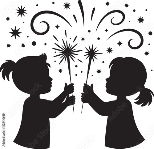 Children celebrating with sparklers on holiday vector illustration in silhouette